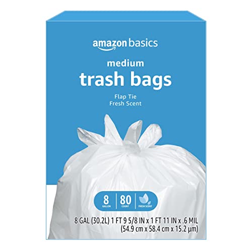 Amazon Basics 8 Gallon Flap Tie Trash Bags, 80 Count Fresh Scent