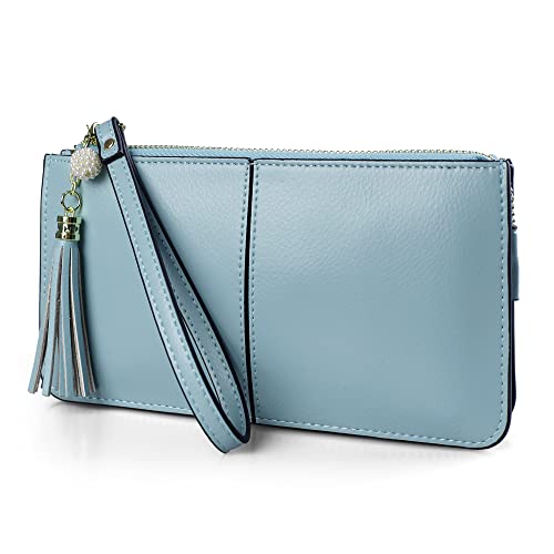 befen Clutch Wristlet Purses for Women, Women's Genuine Leather Wristlet Clutch Cell Phone Wallet, Multi Card Organizer Wallet Purse (Baby Blue)