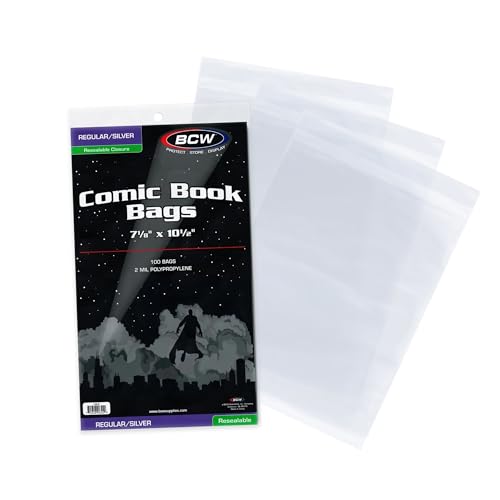 BCW Resealable Silver/Regular Comic Book Bags, Clear 2-mil Polypropylene | 7-1/8' x 10-1/2' | 100-Count, Holds Silver Age Comics