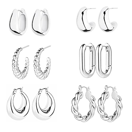 6 Pairs 14K Gold Hoop Earrings for Women Lightweight Chunky Hoop Earrings Multipack Hypoallergenic, Thick Open Twisted Huggie Hoops Earring Set Jewelry for Gifts. (Silver)
