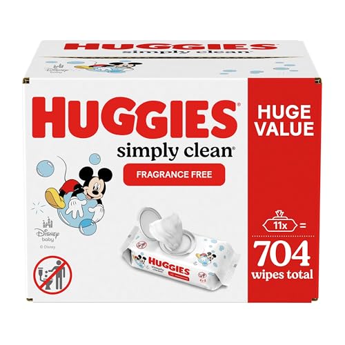 Huggies Simply Clean Fragrance-Free Baby Wipes, Unscented Diaper Wipes, 11 Flip-Top Packs (704 Wipes Total)