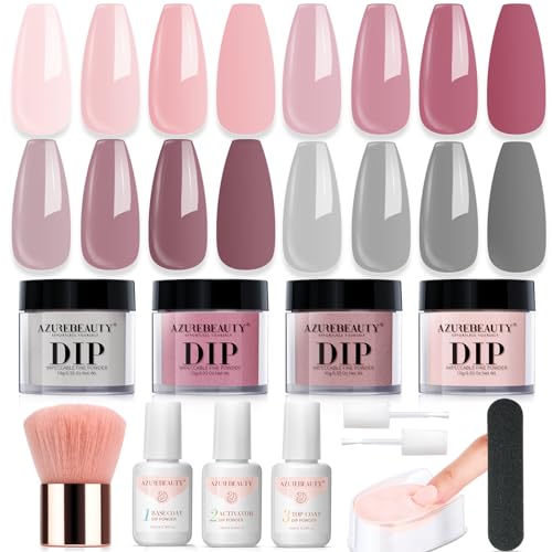 AZUREBEAUTY Dip Powder Nail Kit, 4 Colors Gentle Nude Pink Neutral Skin Dipping Powder System Liquid Set Recycling Tray with Base & Top Coat Activator for French Nail Art Manicure Salon DIY at Home