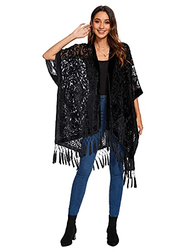 WeHello Women's Burnout Velvet Kimono Long Cardigan Cover Up with Tassel (Black 2)