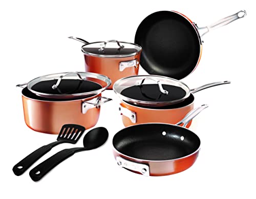 Gotham Steel 10 Pc Copper Pots and Pans Set Non Stick, Kitchen Cookware Sets, Space Saving Non Stick Pots and Pan Set, Nonstick Cookware Set, Non Toxic Cookware Set, Pot Set, Dishwasher Safe