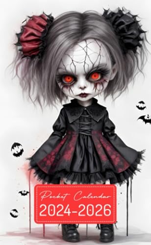 Pocket Calendar 2024-2026: Two-Year Monthly Planner for Purse , 36 Months from January 2024 to December 2026 | Tim Burton style gothic doll | Female spooky evil possessed | Ripped up black outfit