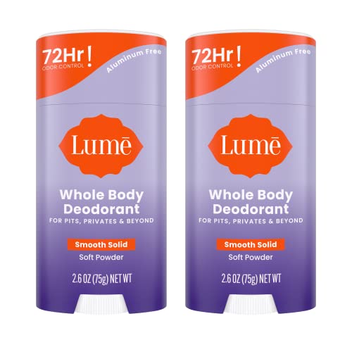 Lume Whole Body Deodorant - Smooth Solid Stick - 72 Hour Odor Control - Aluminum Free, Baking Soda Free and Skin Safe - 2.6 Ounce (Pack of 2) (Soft Powder)