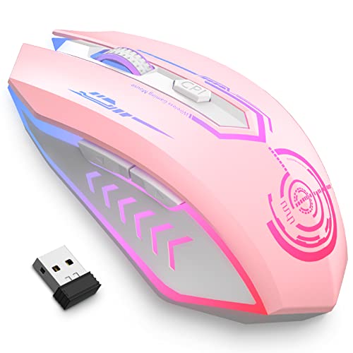 UHURU Gaming Mouse, Wireless Gaming Mouse with 6 Buttons 7 Changeable LED Color up to 10000 DPI, Rechargeable USB Gamer Mouse for PC Laptop (Pink)