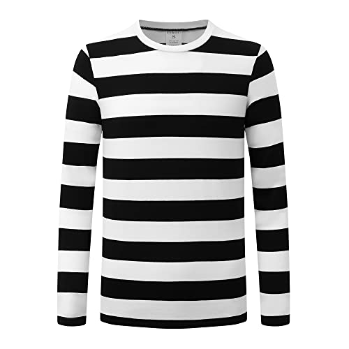 Formeet17 Men’s Long Sleeve Striped T-Shirt Stretchy Comfy Crew Neck Shirt (XX-Large, Black/White Stripes)