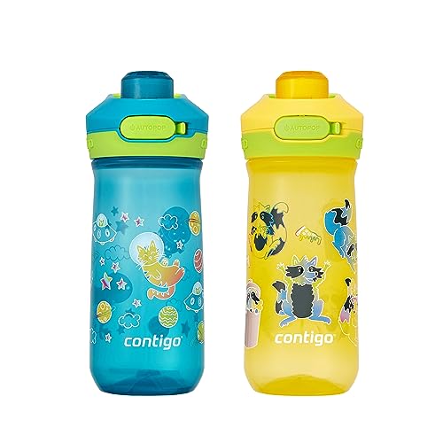 Contigo Jessie Kids Water Bottle with Leak-Proof Lid, 14oz Dishwasher-Safe Kids Water Bottle, Fits Most Cup Holders, 2-Pack Juniper/Spacecraft & Pineapple/Trash Pandas