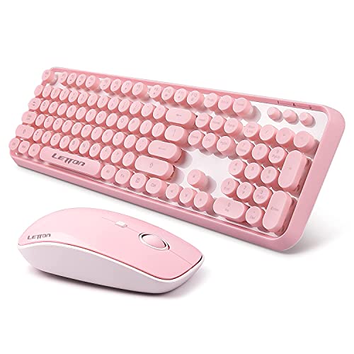 Pink Wireless Keyboard Mouse Combo, 2.4GHz Retro Typewriter, Letton Full Size Office Computer Keyboard and Cute Mouse with 3 DPI for Mac PC Desktop Laptop