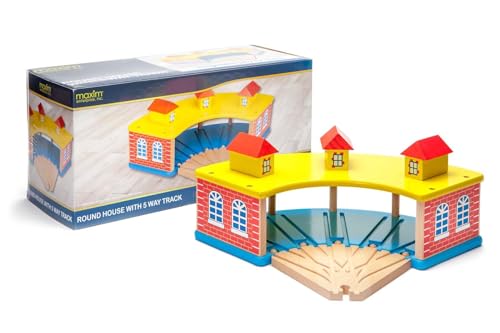 maxim enterprise, inc. Wooden Train Round House with 5-Way Wooden Switch Track, Train Shed Houses 5 Engines or Cars, Compatible with Thomas & Friends, Major Name Brand Wooden Trains and Accessory