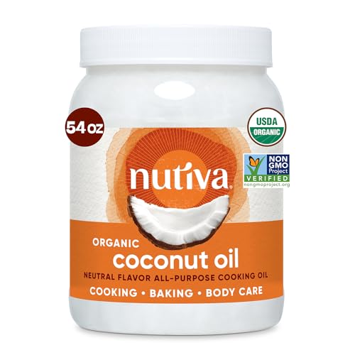 Nutiva Organic Steam-Refined Coconut Oil, 54 Fl Oz, USDA Organic, Non-GMO, Vegan, Keto, Paleo, Neutral Flavor and Aroma for Cooking & Natural Moisturizer for Skin and Hair