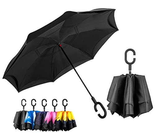 LANBRELLA Umbrella No Drip Umbrella Double Layer Inverted Umbrella C Shaped Handle Windproof Compact Folding - Black