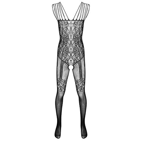 TiaoBug Men's Sexy Open Files Fishnet Pantyhose Hollow Out Tights Full Body Bodysuits Stockings Black C One Size