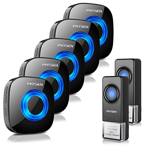 Wireless Doorbell PHYSEN Door bell Chimes with Mute Mode, 58 Ringtones&5 Volume Levels, Operating at 1300-ft Range, LED Strobe, Waterproof Doorbell Kit for Home/Classroom 2 Transmitters+5 Receivers