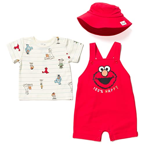 Sesame Street Elmo Toddler Boys French Terry Short Overalls T-Shirt and Hat 3 Piece Outfit Set Red/White 2T