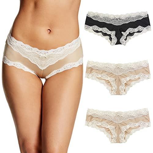 Maidenform Women's Cheeky Panty Pack, Sexy Must Haves Hipster Underwear with Low-Rise Fit, 3-Pack, Latte Lift/Black/Latte Lift