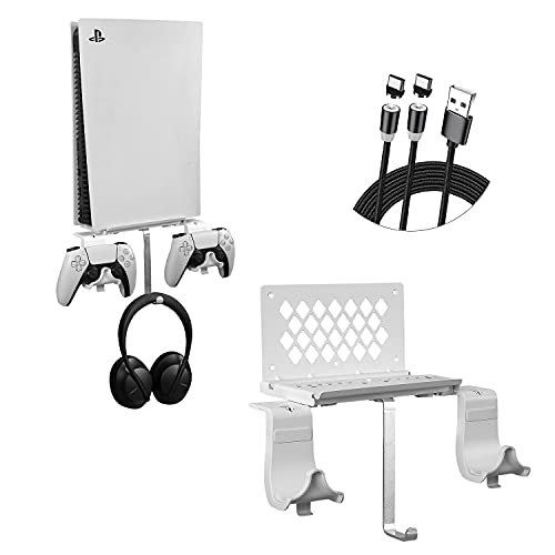 Hosanwell PS5 Wall Mount, PS5 Wall Mount Kit with 2 Detachable Controller Holder and Headphone Mount, Solid Metal with Accessories Easy Installation,White