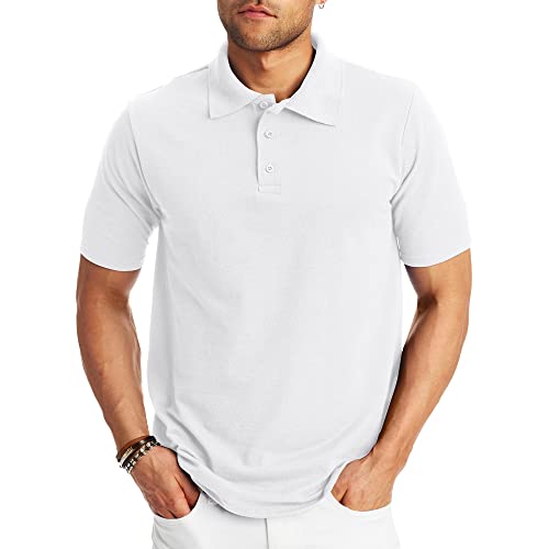 Hanes Mens Pique Short Sleeve Polo Shirt, Three-button Midweight For, White, Large US