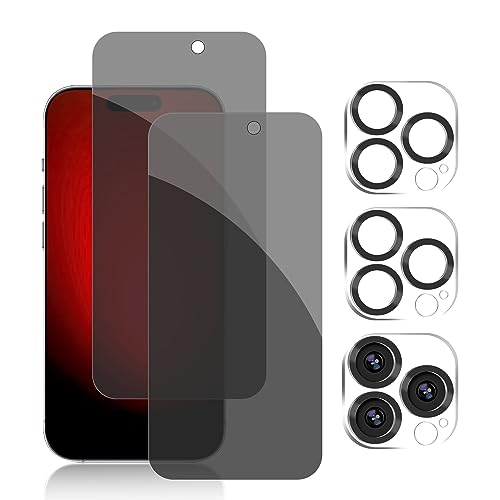 Pehael [2+2 Pack] iPhone 15 Pro Max Privacy Screen Protector with Camera Lens Protector Full Coverage Anti-Spy Tempered Glass Film 9H Hardness Upgrade Edge Protection Easy Installation Bubble Free