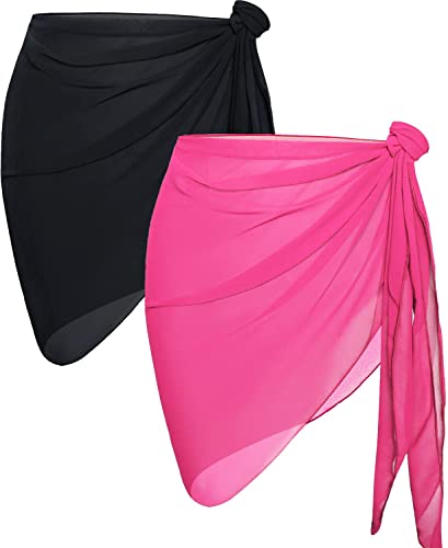 CHICGAL 2 Pieces Beach Sarong for Women Sheer Bikini Wrap Skirt Bathing Suit Cover Ups Swimwear (Light Pink and Black)