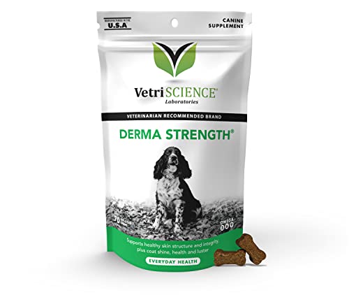 VetriScience Derma Strength Healthy Skin and Coat Chews with Omega 3, 6 and 9 for Dogs, 70 Chews - Can Reduce Shedding and Support Skin Health