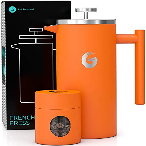 Coffee Gator French Press Coffee Maker - Thermal Insulated Brewer Plus Travel Jar - Large Capacity, Double Wall Stainless Steel - 34oz - Orange