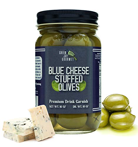 Green Jay Gourmet Blue Cheese Stuffed Olives – Cheese Stuffed Green Olives for Cocktail Garnish & Cheese Board – Dirty Martini Olives – Gourmet Olives – All Natural – Large – 16 Ounces