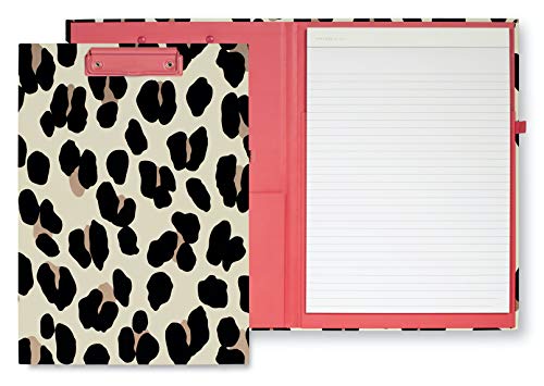 Kate Spade New York Leopard Print Clipboard Folio with Low Profile Clip, Professional Padfolio Includes Lined Notepad, Pen Loop, and Pocket, Forest Feline