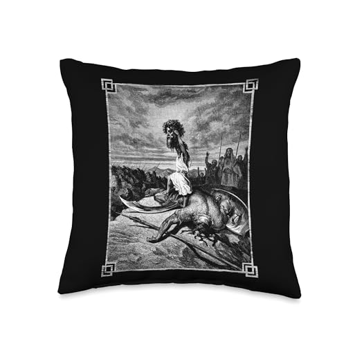 David slays Goliath Bible art Occult Gothic Mediev Grunge Throw Pillow, 16x16, Multicolor