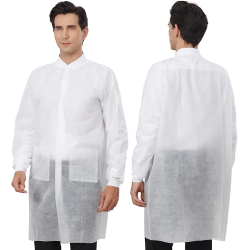 Greenour Disposable Lab Coats for Adults with Pockets Durable and Latex-free White Lab Jackets with Knitted Cuffs and Collar Pack of 10 (Large)