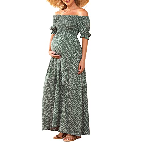 Floral Maternity Dress for Photoshoot Baby Shower, Square Neck Puff Sleeve Maternity Boho Smocked Pregnancy Dresses Green