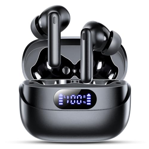 TUMJUN Wireless Earbuds, 42H Playtime Bluetooth 5.3 Headphones, HiFi Stereo Call Noise Cancelling Earbuds, IPX7 Waterproof Stereo in-Ear Earphones with LED Display for iOS Android Cell Phone (Black)