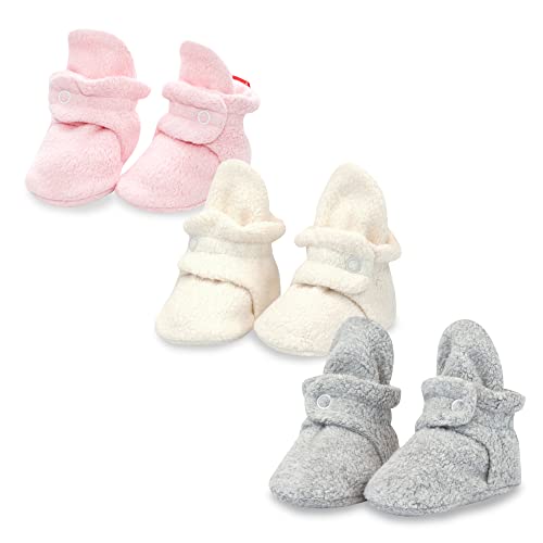 Zutano Unisex Baby Cozie Fleece Baby Booties, Baby Essentials, Pack of 3, Heather Gray/Baby Pink/Cream, 12 Months