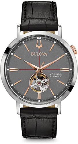 Bulova Men's Classic Aerojet 3-Hand Automatic Leather Strap Watch, Open Aperture, 40-Hour Power Reserve, Double Curved Mineral Crystal, 41mm Style: 98A187