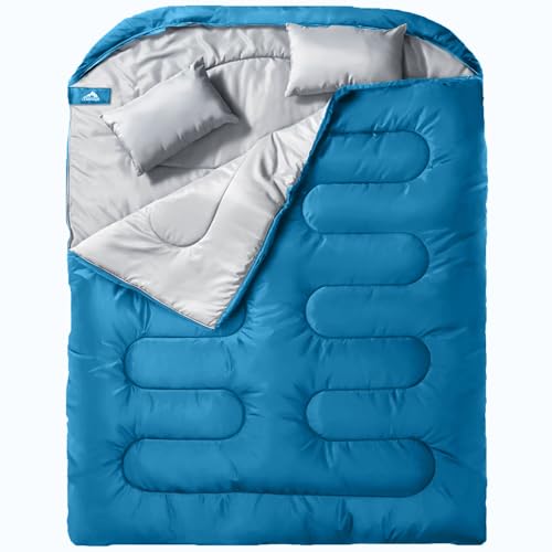 MEREZA Double Sleeping Bag for Adults Mens with Pillow, XL Queen Size for All Season Camping Hiking Backpacking 2 Person Sleeping Bags for Cold Weather & Warm (Diamond Blue)