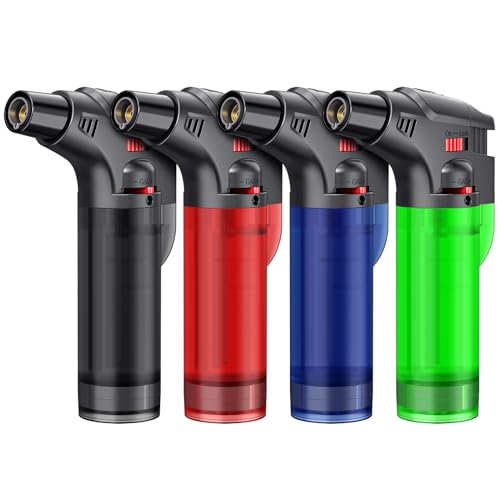 Torch Lighter, Butane Lighter, Windproof Butane Refillable Torch Flame Lighter, Multi Utility Lighter for Candles Fireplaces Campfires BBQ Grill Pilot Lights, 4 Pack (Butane Not Included)