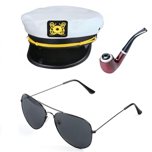 Beelittle Yacht Captain Hat Costume Accessories Set Sailor Hat with Captain Prop & Aviator Sunglasses (A)