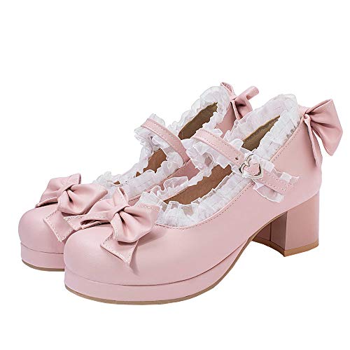 LUXMAX Women Kawaii Mid Block Heel Mary Jane Rockabilly Pumps with Bow Platform Chunky Heel Cute Sweet Shoes, Size 8 M US,Pink