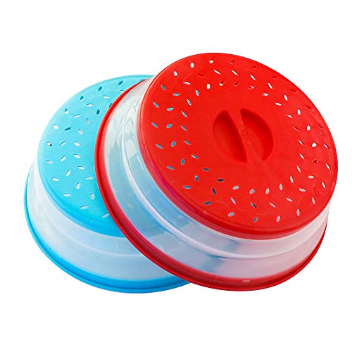 Pack of 2, Collapsible Microwave Food Cover BPA free TPR, 10.5inch, round with grip handle RED+BLUE…