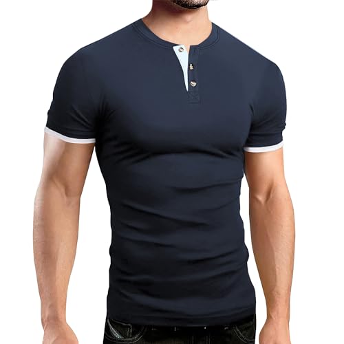 Gnvviwl Men's Casual Henley Shirts Short Sleeve Button Solid Contrast Color Fitted T-Shirts Navy Blue