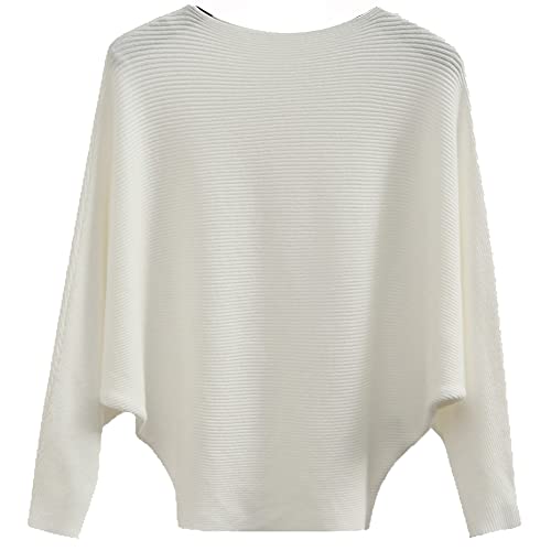 Ckikiou Womens Lightweight Oversized Boat Neck Sweaters Tops Dolman Batwing Sleeve Ribbed Knitted Pullovers White
