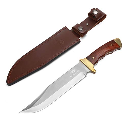 Mossy Oak 14-inch Bowie Knife, Full-tang Fixed Blade, Wood Handle Hunting Knife with Leather Sheath for Camping, Hiking, Survival
