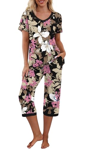 PrinStory Women's Pajama Set Short Sleeve Shirt and Capri Pants Sleepwear Pjs Sets with Pockets FP-Big Leaf Pink-Large