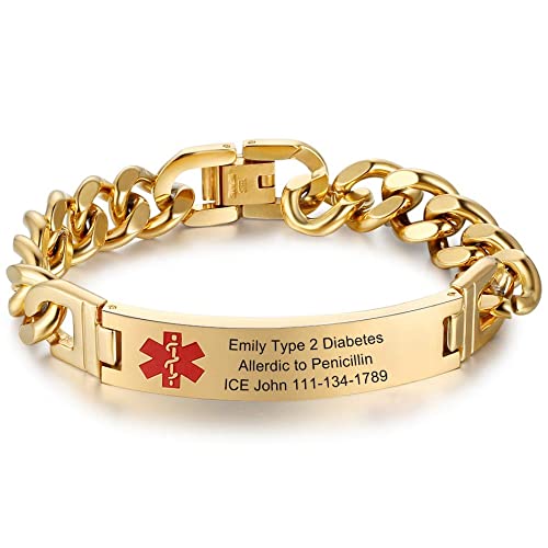 Lam Hub Fong Emergency Medical Alert Bracelets for Women Men Free Engrave Medical ID Bracelets 7.5 to 9.5 Inches Non Tarnish Titanium Steel Alert ID Bracelet (Gold-7.5 inches for women)