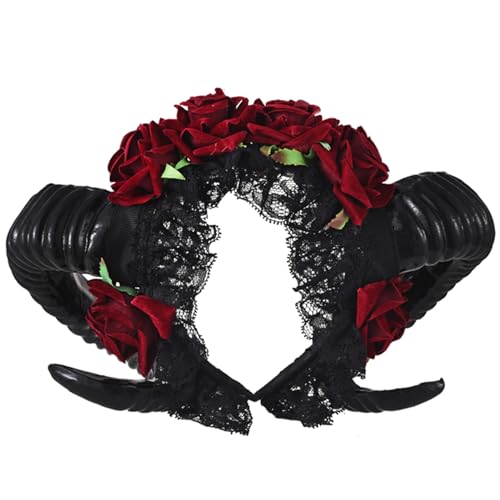 Qhome Party Restyle Sheep Horn Rose Flower Headband Gothic Beauty Horror Horns Halloween