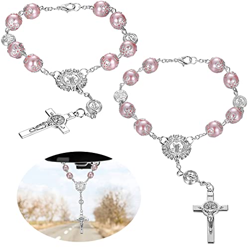 Saint Benedict Car Rosary 2 Pcs Rearview Mirror Auto Rosary Hanging Personalized Car Cross Blessing Catholic Car Medal for Truck Bike Motorcycle Car Mirror Hanging Accessories Decors (Pink)