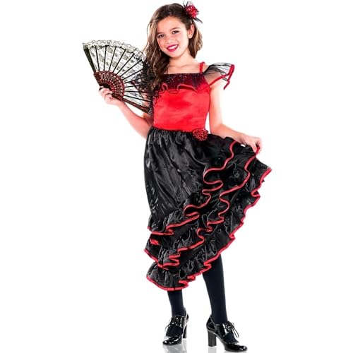 Elegant Spanish Dancer Costume Set For Ages 12-14 - Large Size (1 Pc.) - Dazzling Red & Black Design - Perfect for Themed Parties and Performances