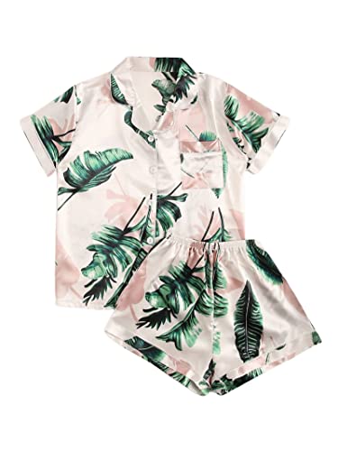 Avanova Women Leaves Print Satin Pajamas Short Sleeve Two Piece Button Down Pjs Set Pink Leaves X-Large