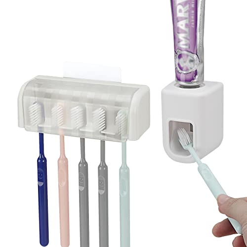 LUEXBOX 5 Slots Wall Mount Toothbrush Holder with Cover, Self Adhesive Toothbrush Storage Organizer for Shower, Toothbrush Hanger with Automatic Toothpaste Squeezer Dispenser…